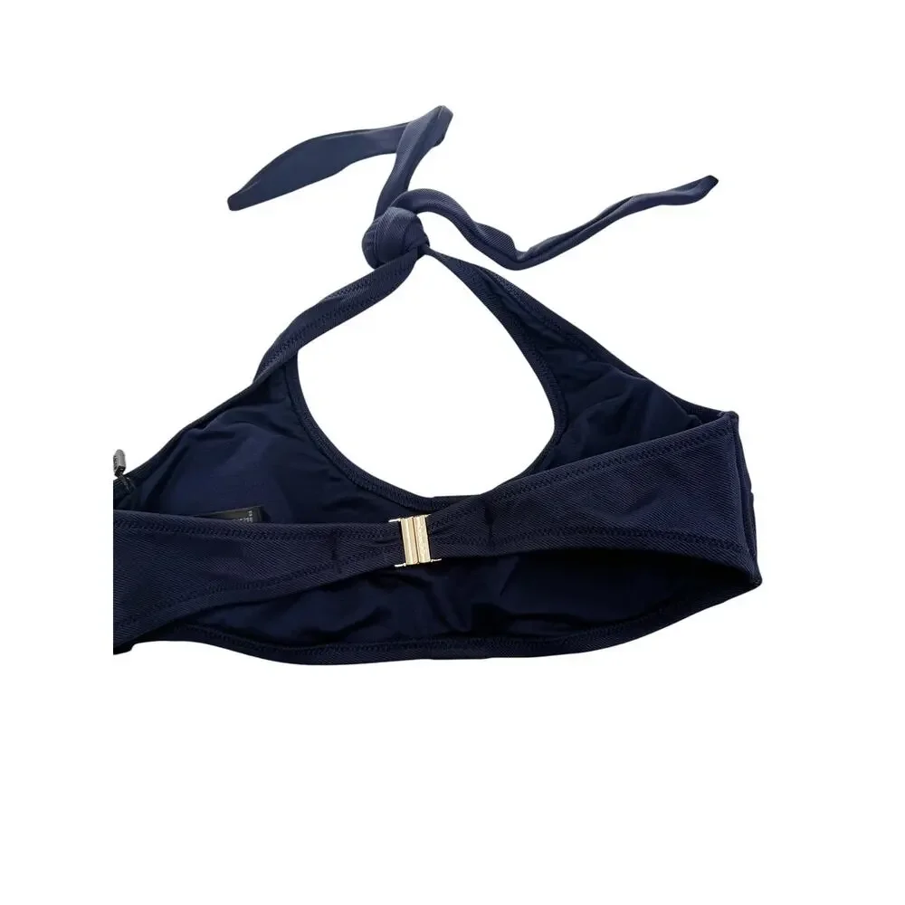 REISS Bathing Suit Top Size 2 NEW Navy Blue Bikini Halter Bailey Button Swimwear